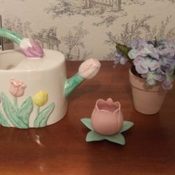 Vtg. Spring Water Vase Potted Hydrangea Tulip  Candle Holder Home Decor