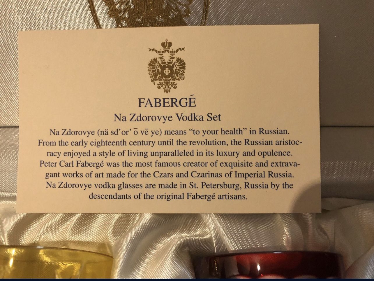 FABERGE Na Zdorovye - Na Zdorovya VODKA SHOT GLASSES!! SIGNED/Etched "Faberge" on the rim of each glass With Faberge Presentation Case! New in box!
