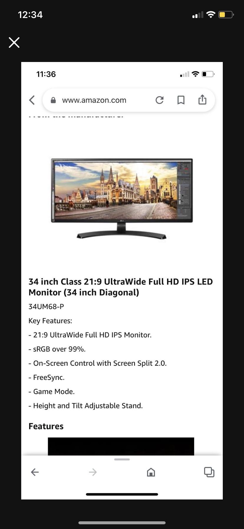 LG Computer Monitor 34” Like New