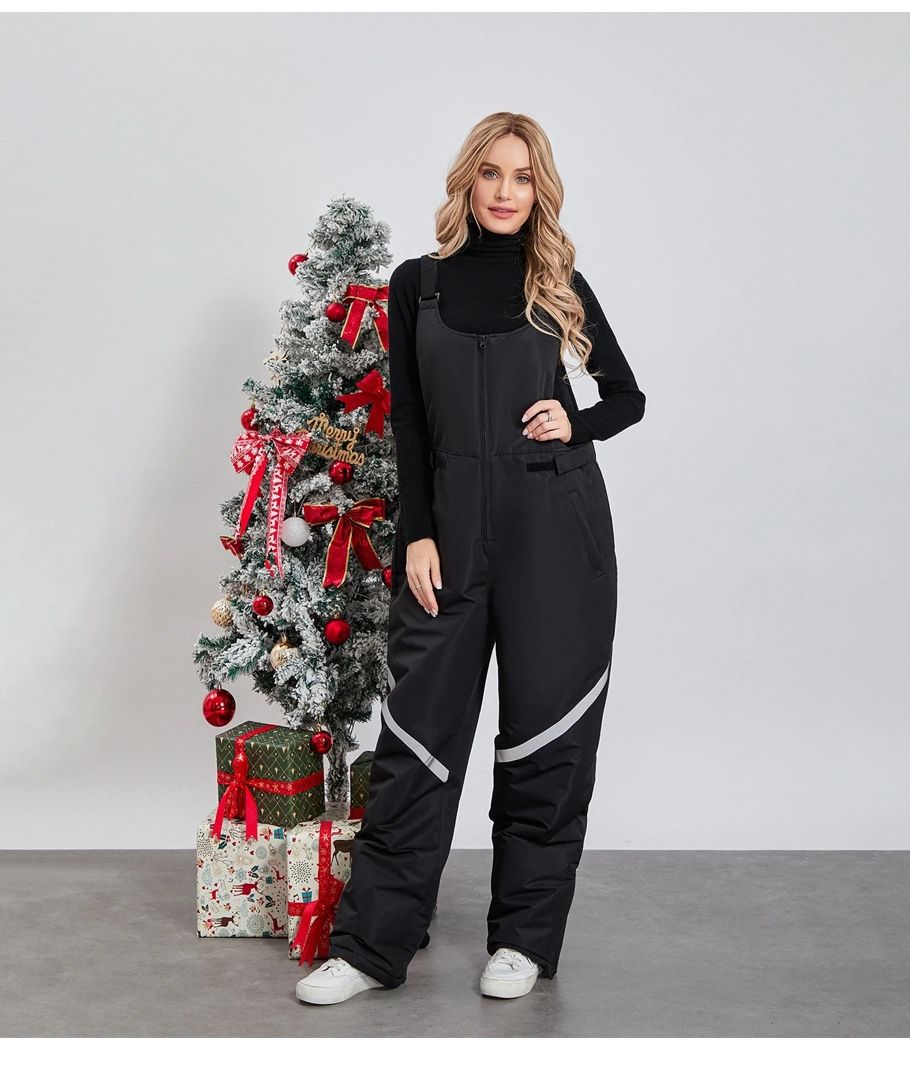 Women Men's Ski Overalls Black Waterproof Zipper Snow Bibs Ski Pants Windproof Insulated Overalls