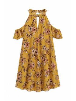 As U Wish Women's Yellow Floral Cold Shoulder Dress, Size Medium‎