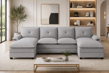 New Modern 110" Modular Sofas for Living Room Cloud Sofa U Shaped Sofa with Double Chaise 4 Seater Sofa Sets with Thick Cushion and Soft Backrest,   N