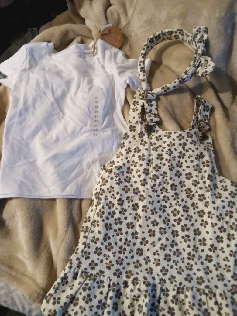 Girls 3T Overall Dress T-shirt Headband With A Bow