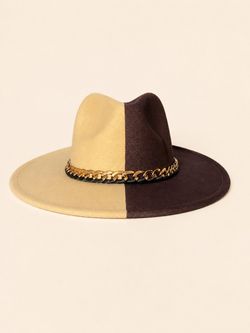 Two-Tone Fedora Hat with Gold Chain Band