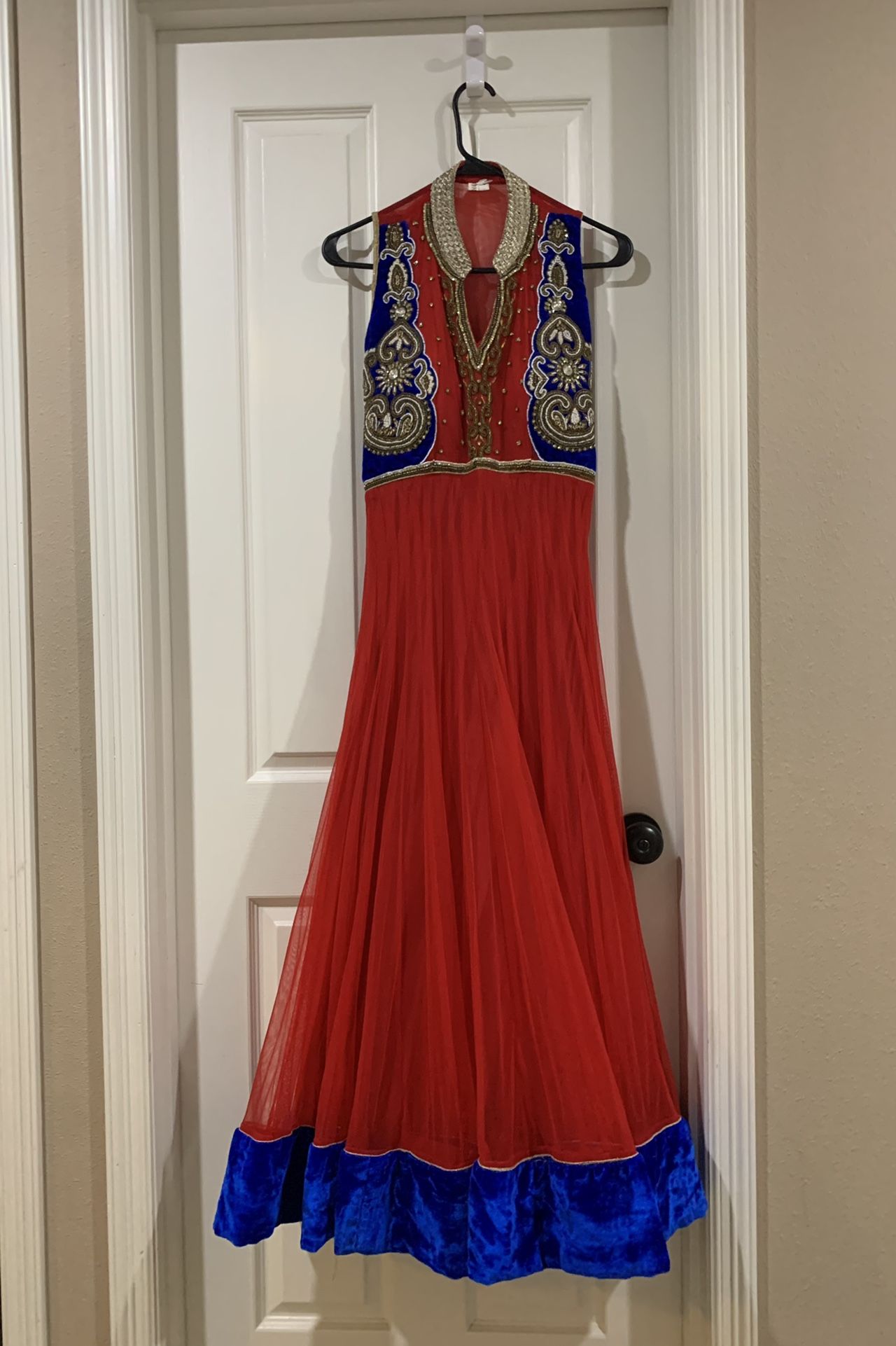 Stunning Red Gown With Velvet And Gold Embroidery- Size S