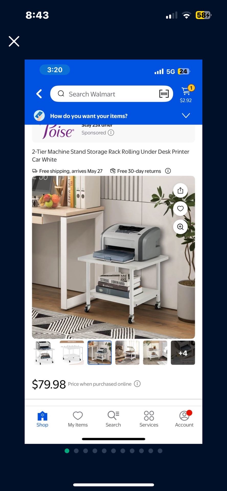 2-Tier Machine Stand Storage Rack Rolling Under Desk Printer Car White