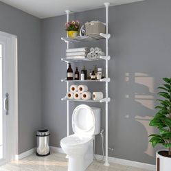 4-Tier Over The Toilet Storage Shelf, 4.5-9.5 FT Adjustable Bathroom Organizer, Heavy Duty Metal Shelves Above Behind Toilet Laundry, Space-Saving She