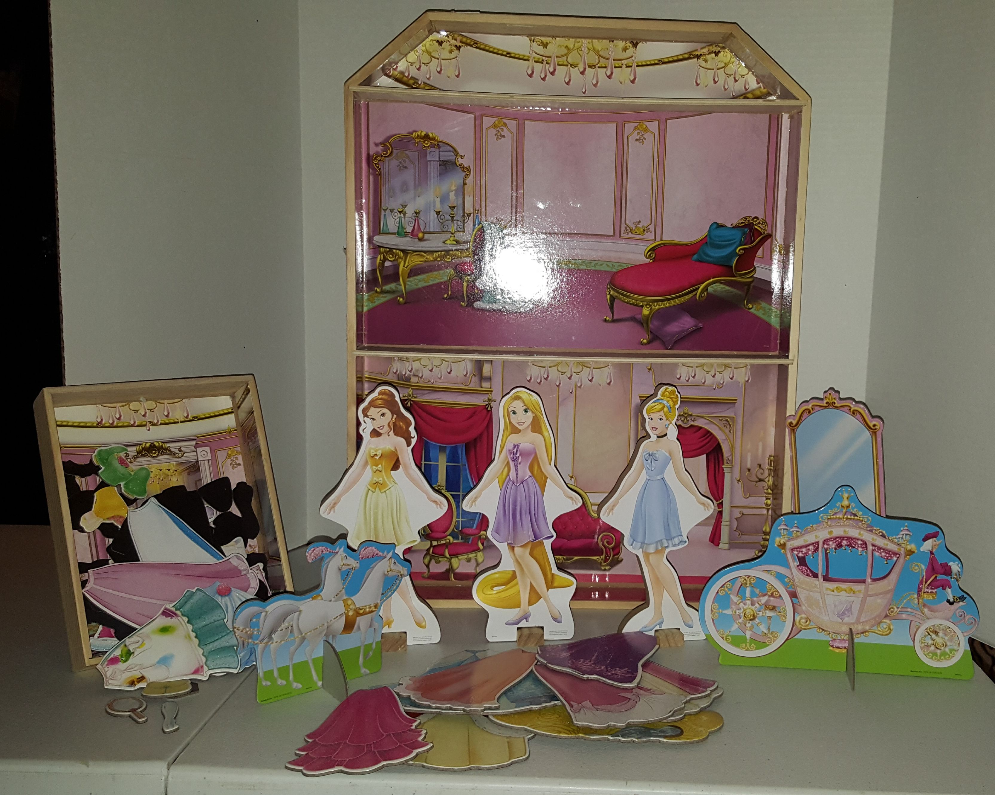 Wooden doll house background and accessories