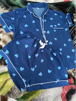 Blue Heart Print Pajama Set L