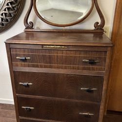 1940s Solid Wood Dresser with Mirror 