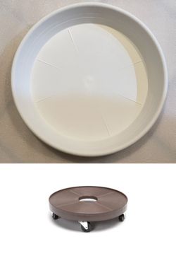 16 in. x 16 in. Espresso Plant Caddy, 4 in. Height and set of 2 16” (13.5” Base) Plant Saucers-White Granite color