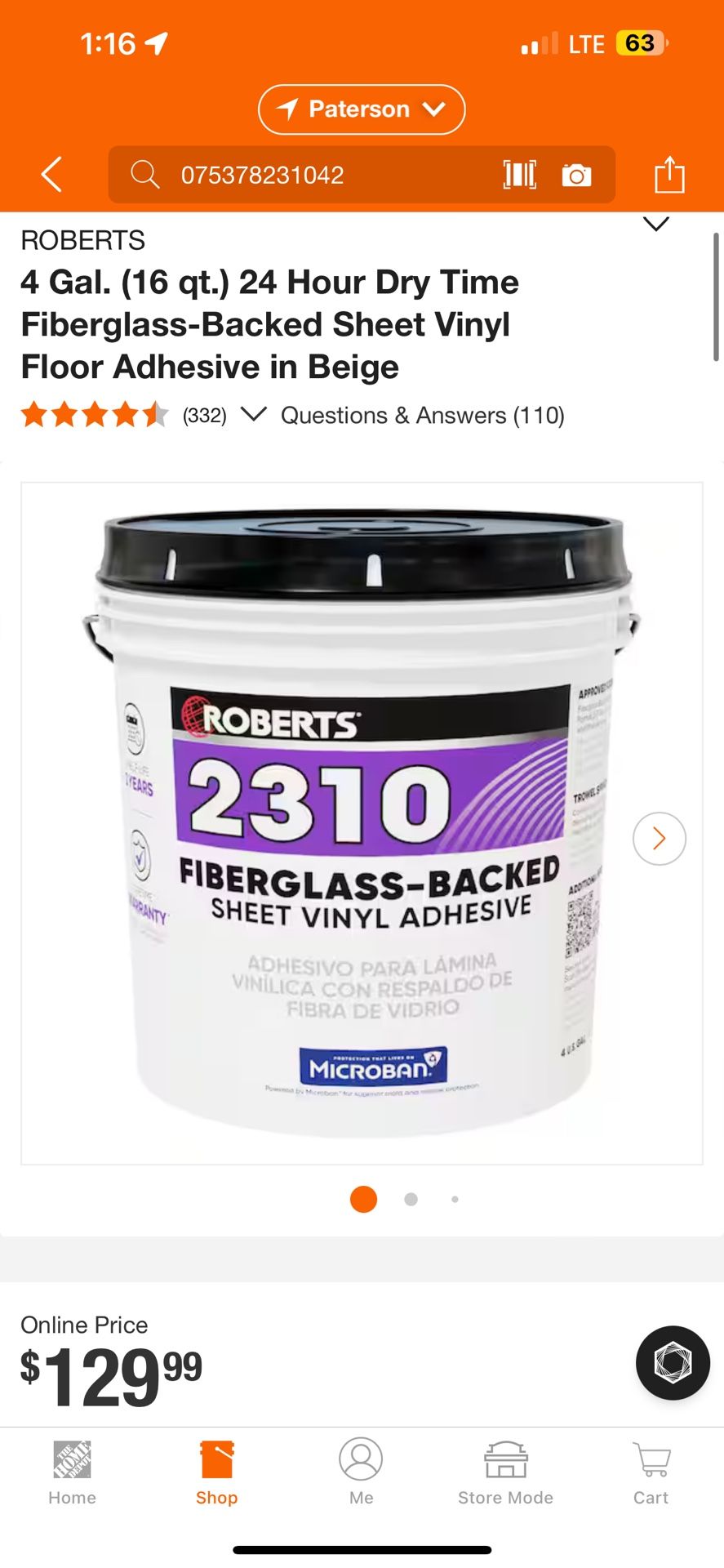 ROBERTS 4 Gal. (16 qt.) 24 Hour Dry Time Fiberglass-Backed Sheet Vinyl Floor Adhesive in Beige