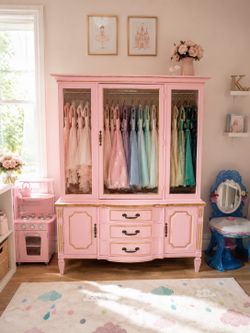 Vintage Antique Pink French Provincial Louis XV Style Shabby Chic Hutch China Cabinet Dresser Wardrobe Armoire