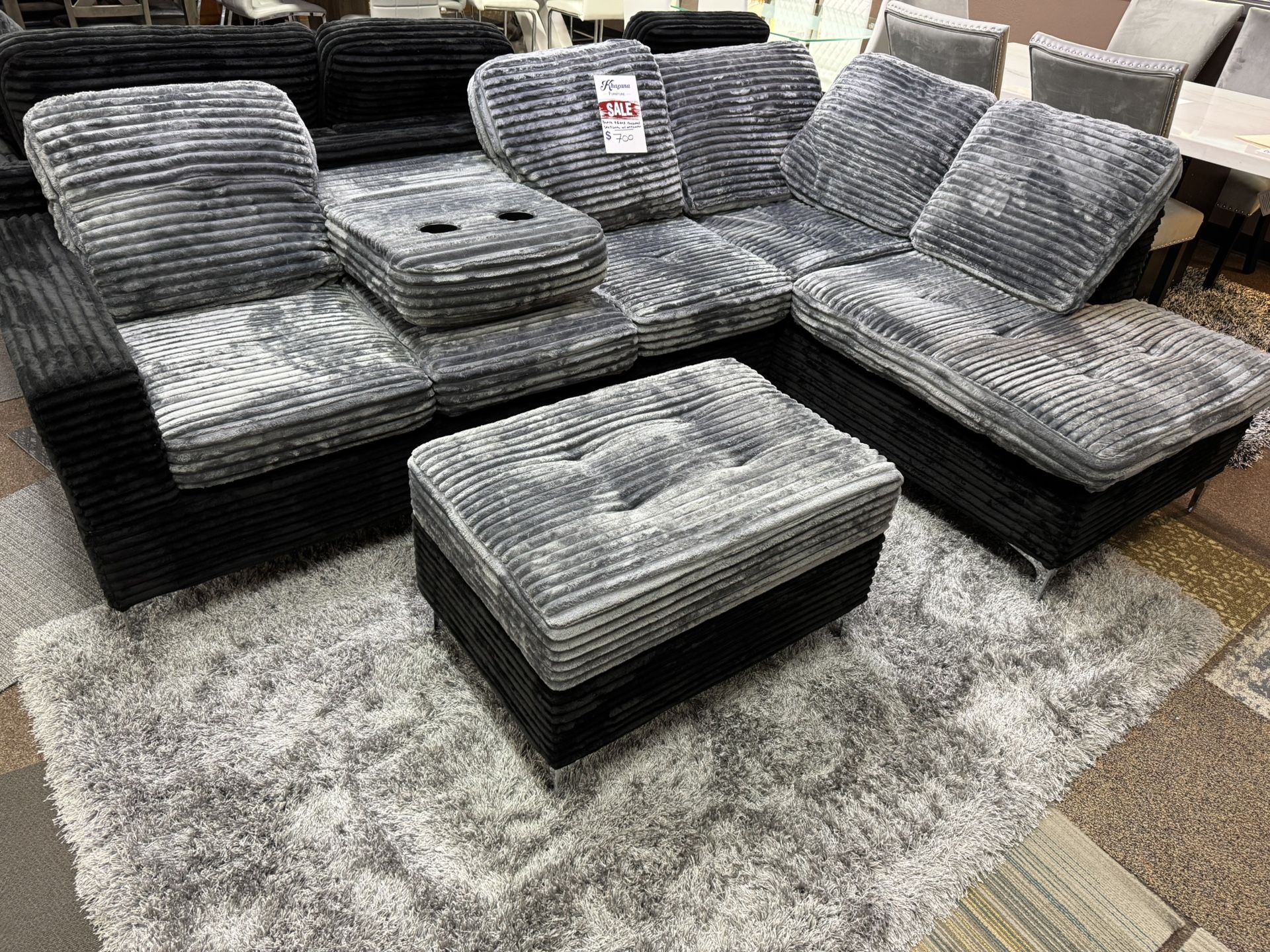 BLACK/GRAY SOFT CORDUROY SECTIONAL WITH OTTOMAN COUCH SET