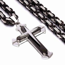 Uniquely Crafted 2-Tone Multi-layer Titanium Black Silver Cross Pendant With 24"Byzantine Chain Necklace