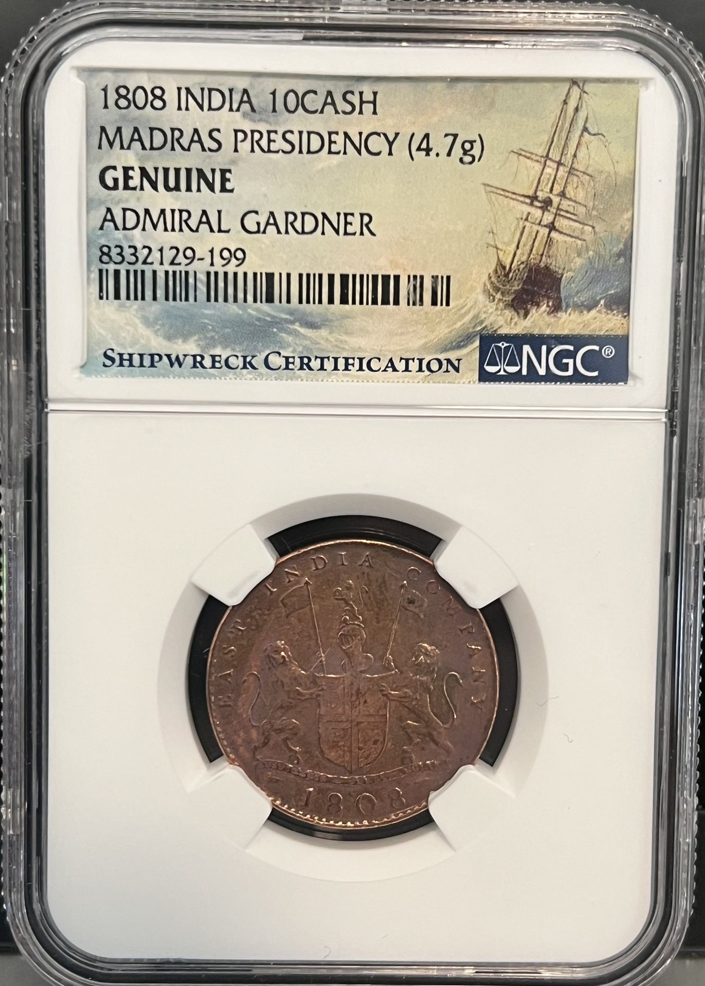 1808 India 10 Cash • Admiral Gardner Actual Shipwreck Salvaged Certification • Madras Presidency Colonial Copper Coin • Graded NGC Genuine