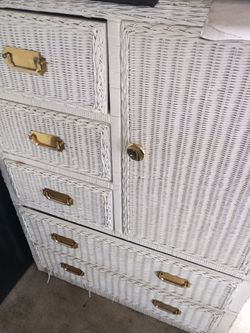 White Wicker Dresser with Brass Hardware