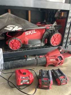 Skill 530 CFM BLOWER SKILL 20” PWR 40 lawnmower 2 battery’s and 2 chargers