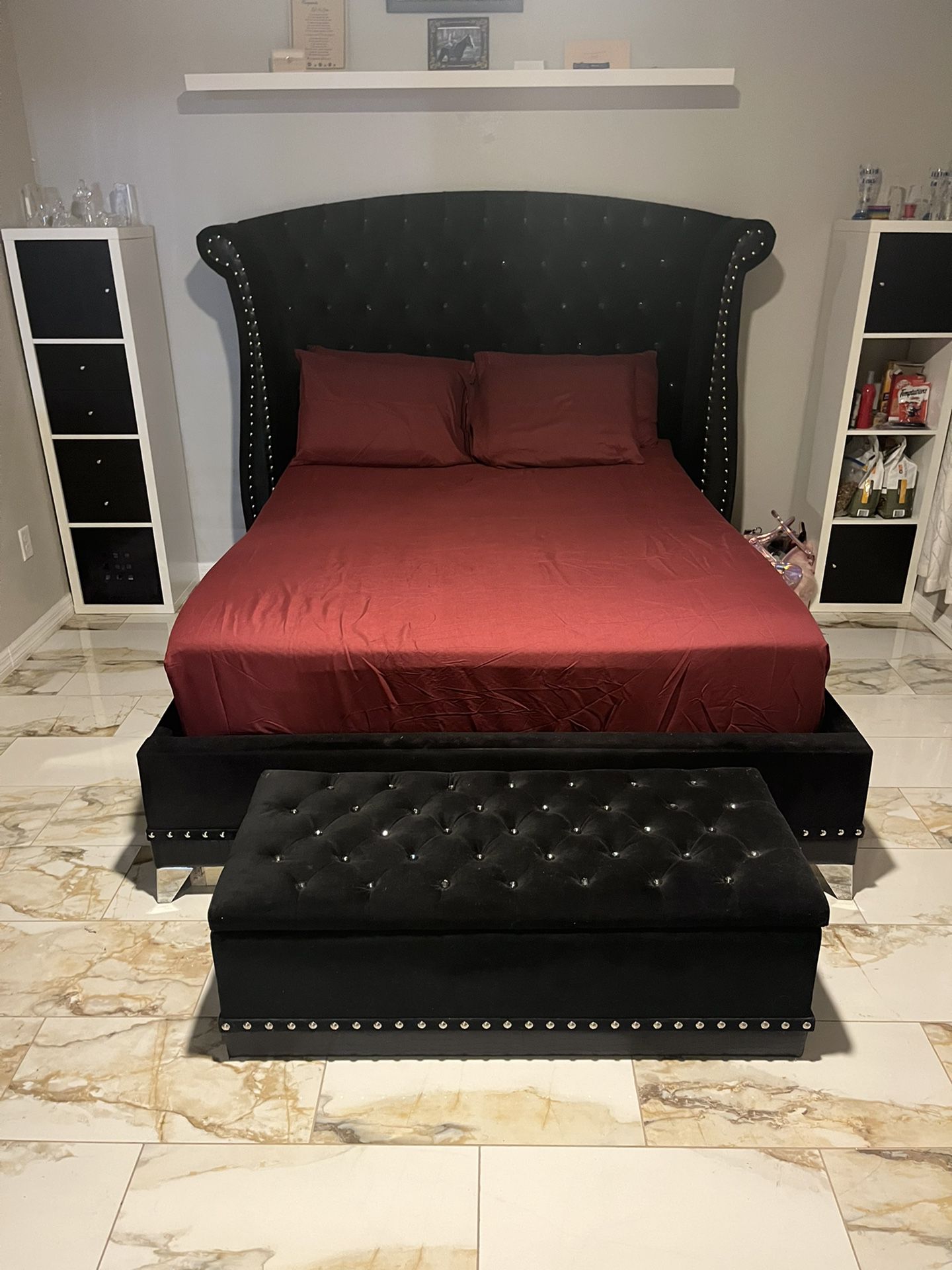 Queen Velvet Bed With Dresser And Chest