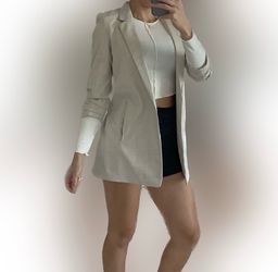 Rachel Zoe cream houndstooth open front long lightweight blazer, size S