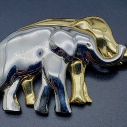  Vintage Liz Claiborne Two Elephant Brooch Silver And Gold Tone Pin 2.5" 