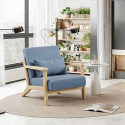 Solid Wood Accent Chair Mid-Century Modern Lounge Armchairs, Fabric Upholstered Soft Comfy Living Room Chairs with Armrest Waist Cushion Pillow
