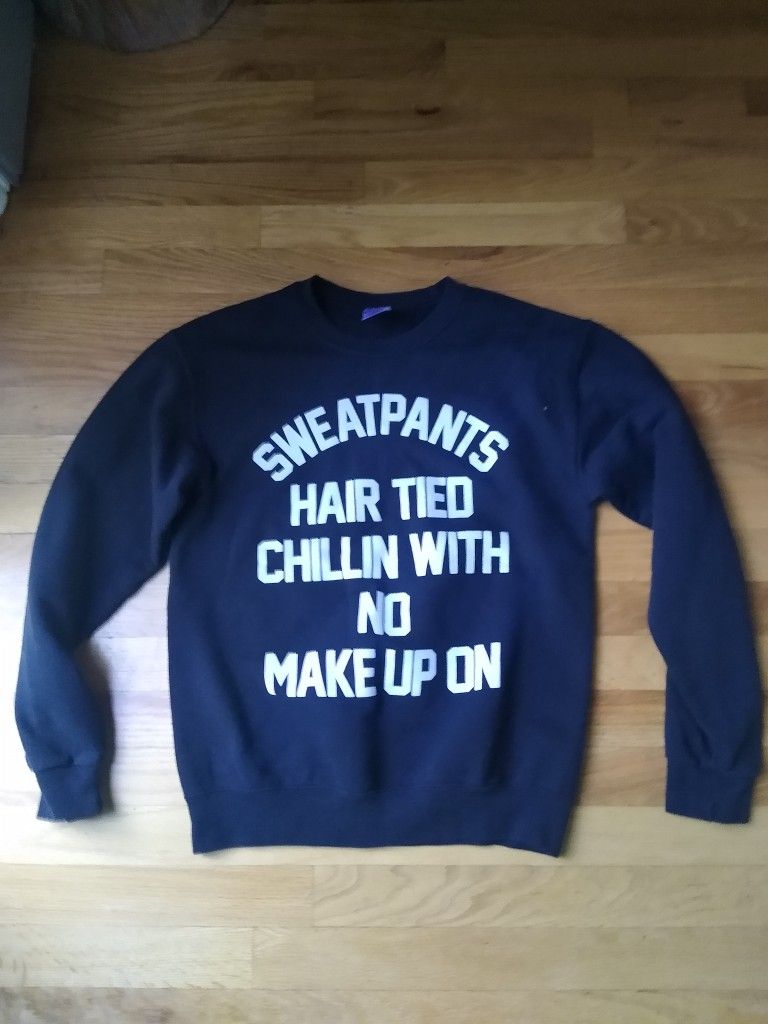 Ladies Black Sweatshirt Sweatpants Hair Tied Chilin With No Makeup On Size: Small 