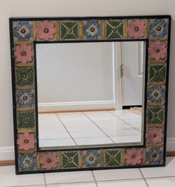 Wall Mirror Ceramic Textured Floral Frame Blue Pink Green 