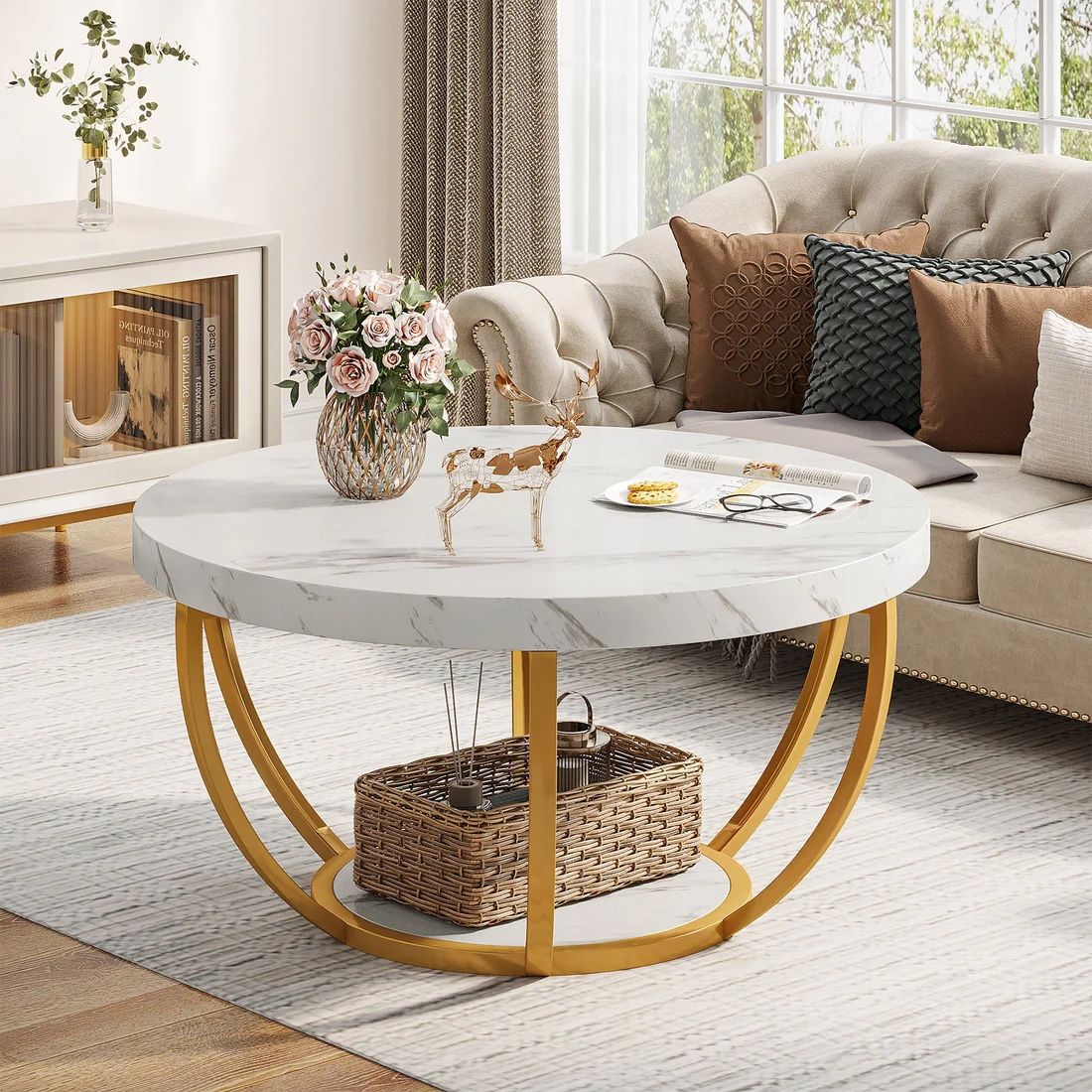 Tribesigns 32 Inches Round Coffee Table, Modern 2-Tier Center Table with Storage Open Shelves, Wooden Circle Coffee Table Sofa Side Table with Metal L