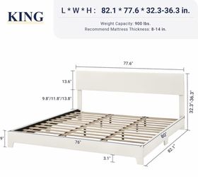 King bed Size Upholstered Bed Frame Adjustable Headboard, White Platform Bed with Heavy Duty Mattress Foundation, Noise-Free, Easy Assembly, Wood Slat