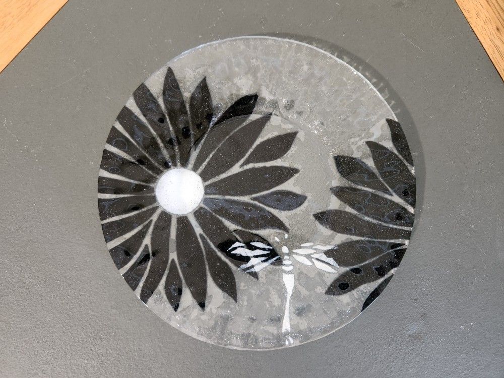 Vintage Sydenstricker Fused Art Glass Floral Plate with Dragonfly