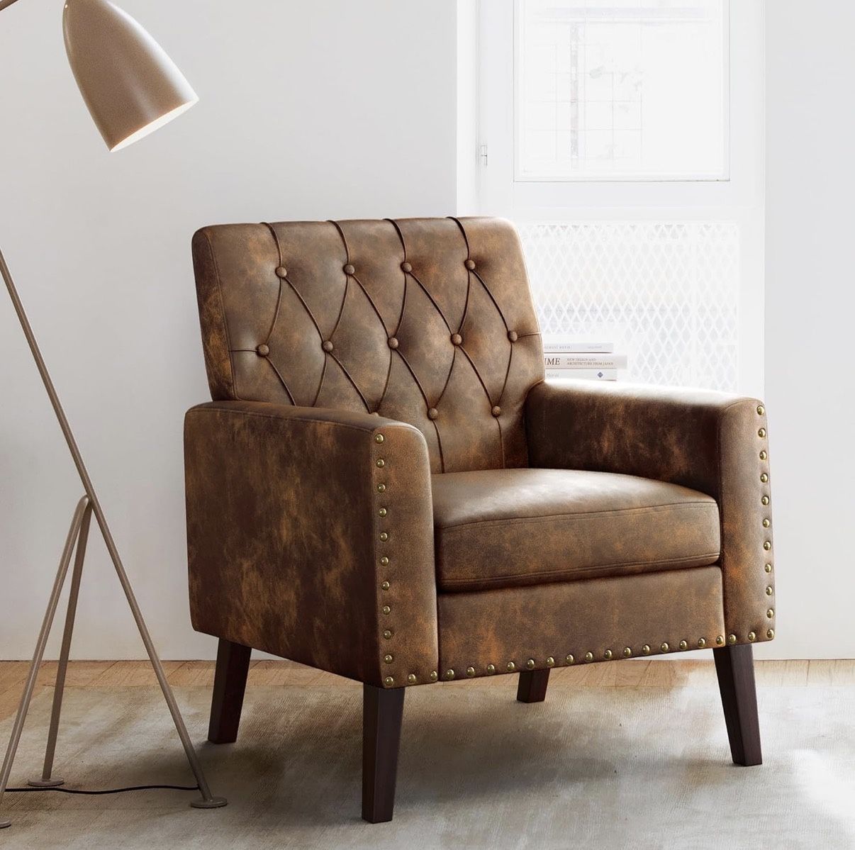 Yellowish Brown Faux Leather Accent Arm Chair