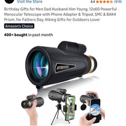 Birthday Gifts for Men Dad Husband Him Young, 12x60 Powerful Monocular Telescope with Phone Adapter & Tripod, SMC & BAK4 Prism, for Fathers Day, Hikin