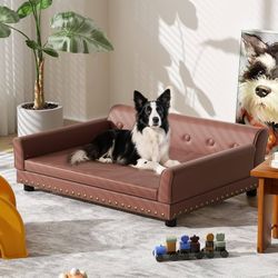 Large Leather Dog Sofa Bed: Pet Orthopedic Couch Lounge Made by Scratching Resistant Microfiber Leather - Doggy Modern Chaise Daybed with Removable Co