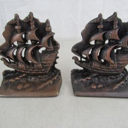Cast Iron Copper / Bronze Plated Vtg Clipper Ship Nautical Bookends 5"


