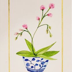 4"x6" Watercolor Painting of Orchid  in a Blue Vase