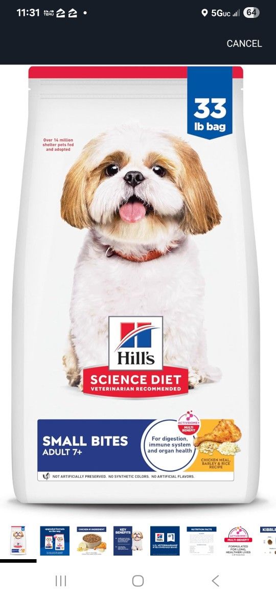 Hill's Science Diet Adult 7+, Senior Adult 7+ Premium Nutrition, Small Kibble, Dry Dog Food, Chicken, Brown Rice, & Barley, 33 lb Bag