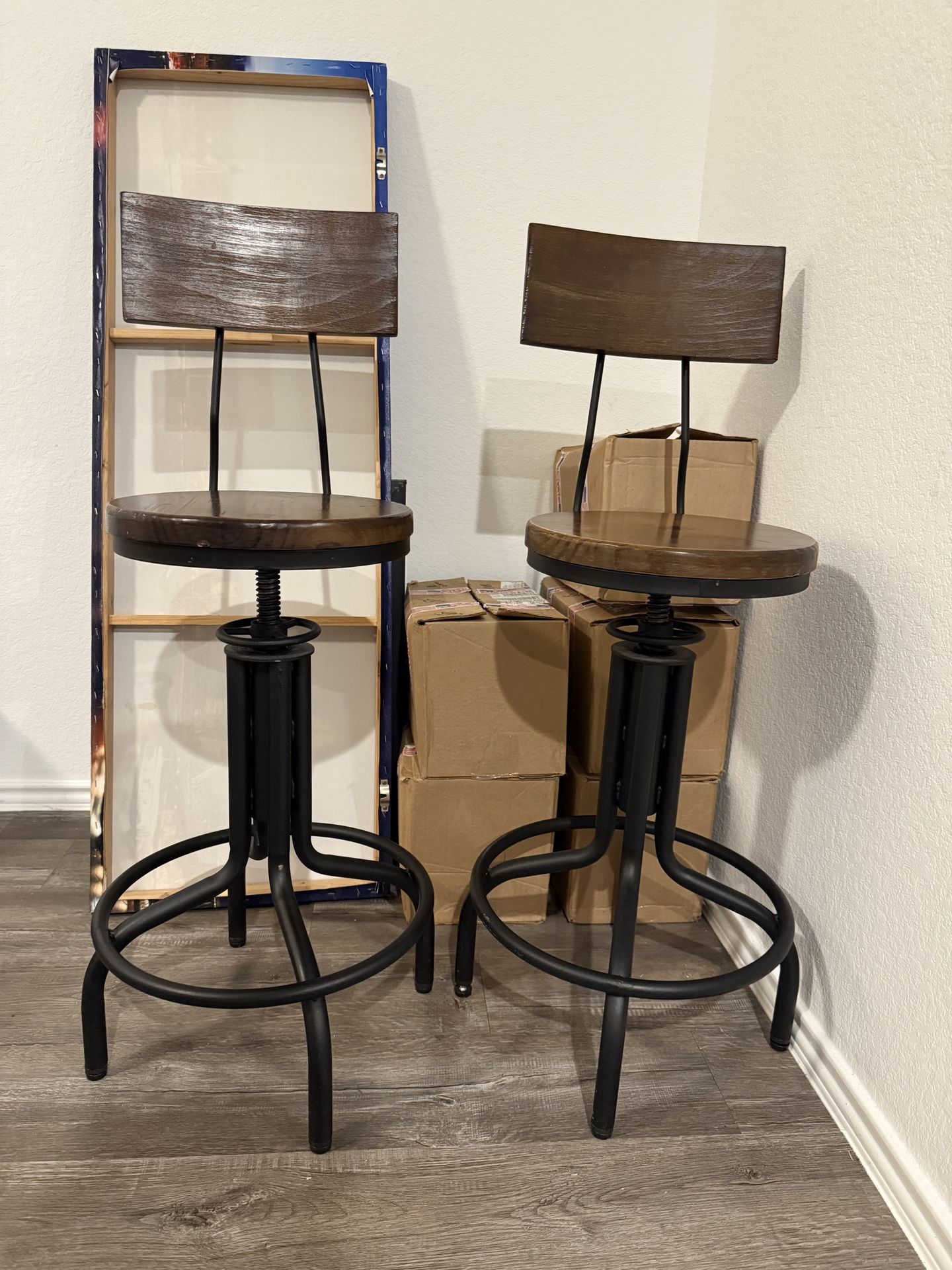 Topower Industrial Antique Design Adjustable Height Kitchen Dining Breakfast Chair Metal Bar Stool with Backrest Fully Welded Set of 2 (Brown Wood)