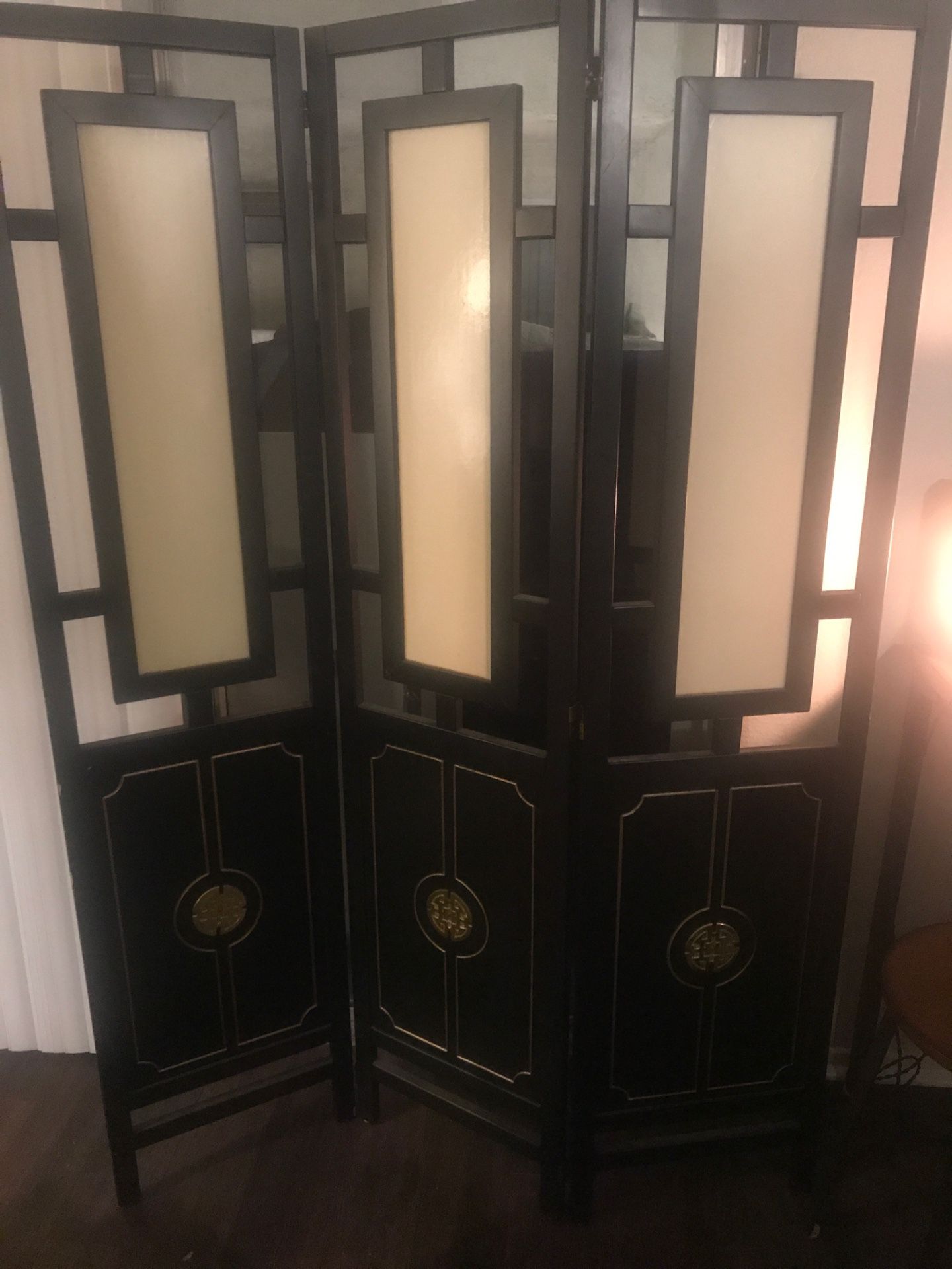 Antique Oriental lacquered hardwood privacy screen with shell paneling