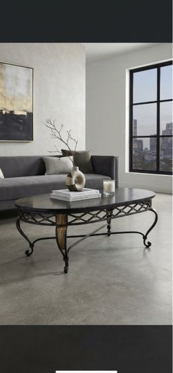 Elegant Wrought Iron & Slate Oval Coffee Table - Antique Gold Accents
