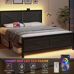 King Led Bed Frame with USB Charging Station with Farmhouse Barn Door Headboard, Strong Metal Slats Support, Black