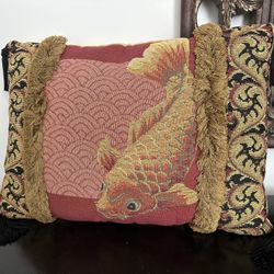 Koi Embroidered Decorative Pillow With Tassels 