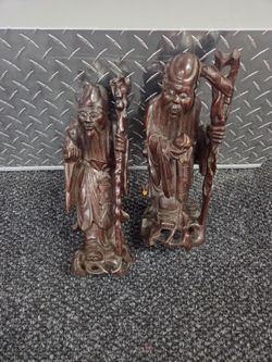 Pair of Vintage Hand-Carved Chinese Longevity Figures – Wooden StatuesPair of Vintage Hand-Carved Chinese Longevity Figures – Wooden Statues