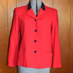 Vintage Alfred Dunner Women's Red Wool Blazer Petite Size 10 Black Trim Collar