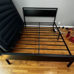 14 Inch Queen Size Metal Platform Bed Frame with Wooden Headboard and Footboard