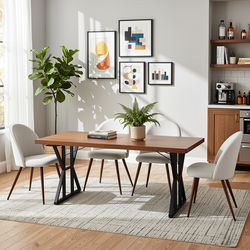 Homy Casa Leonard + Haven 5PC Dining Set 63” Walnut Finish Table with 4 Beige Fabric Upholstered Chairs
