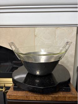 Mid century art deco glass  bowl with stained still base and handle  5”x 12”