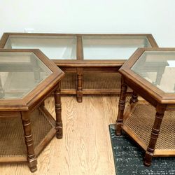 Vintage Solid Wood Glass Rectangular Coffee Table Cane Shelves Sofa Couch Hexagonal Side End Tables Set