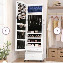 Jewelry Cabinet with Wheels, Mirror, Lockable Freestanding Jewelry Organizer with LED Lights, Large Drawer, White 