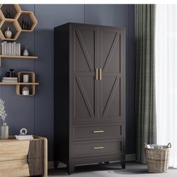 Black Metal Wardrobe Closet with 2 Drawers, 71" Steel Armoire Cabinet with Hanging Rod & Adjustable Shelf, Modern Freestanding Closet Organizer with D